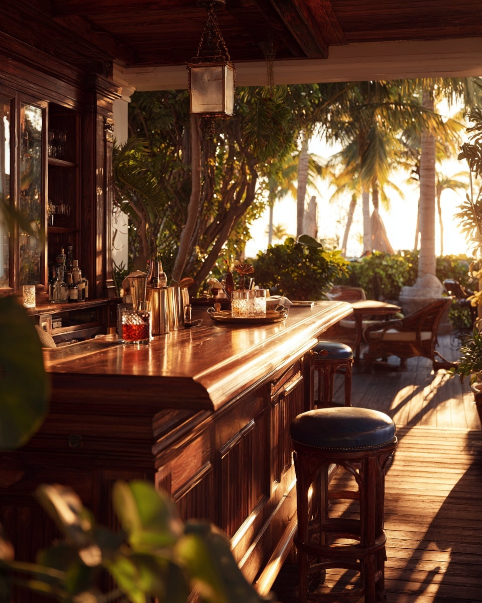 Tropical outdoor bar setup with drinks on a beach patio